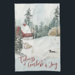 Winterlandschaft Sehenswürdigkeiten von Komfort un Geschirrtuch<br><div class="desc">Winterlandschaft Küchentuch,  mit "Dingen des Komforts und der Freude" in trendiger Schriftzeichen versehen. Dieses rustikale Landdesign besticht durch eine Aquarelllandschaft mit einer Seehütte,  Kiefernbäumen,  einer Ente am See,  Schnee und Schlitten.</div>