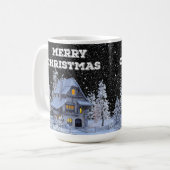 Winterlandschaft Snowy House Frohe Weihnachtsfeier Kaffeetasse (Vorderseite Links)