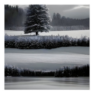 Winterlandschaft und Baum, Schwarz und Weiß - Kuns Poster