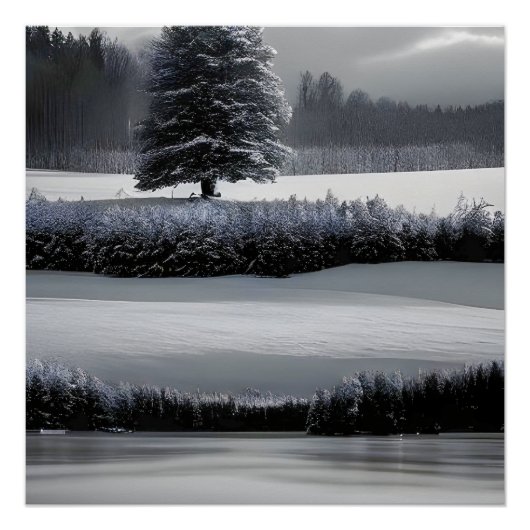 Winterlandschaft und Baum, Schwarz und Weiß - Kuns Poster (Vorderseite)