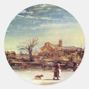 Winterlandschaft von Rembrandt Harmensz. Van Rijn Runder Aufkleber