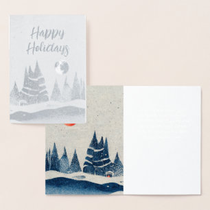 Winterlandschaft Wald Mond Navy Blau Zeichnung Folienkarte