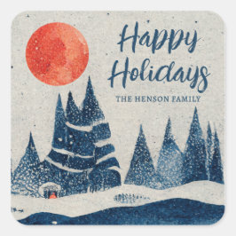 Winterlandschaft Wald Mond Navy Blau Zeichnung Quadratischer Aufkleber