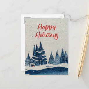 Winterlandschaft Wald Navy Blau Zeichnung Feiertagspostkarte