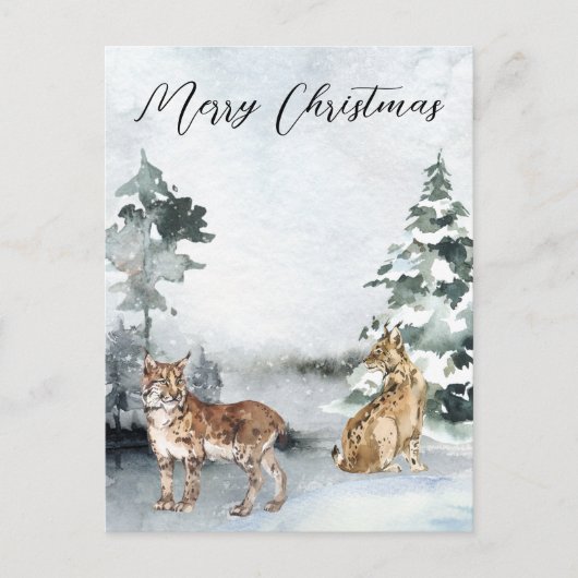 Winterlandschaft Wasserfarbe Bobcat Lynx Weihnacht Postkarte (Vorderseite)