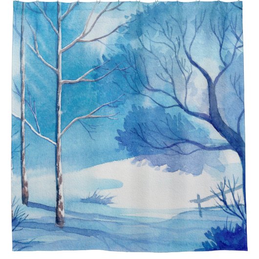 Winterlandschaft Wasserfarben Illustration Duschvorhang (Vorderseite)