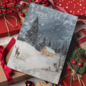 Winterlandschaft Wasserfarbener Urlaub Hütte Hirsc Postkarte
