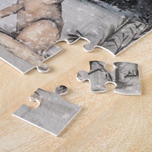 Winterlandschaft Wasserfarbenwolf Hirsch Puzzle (Seite)