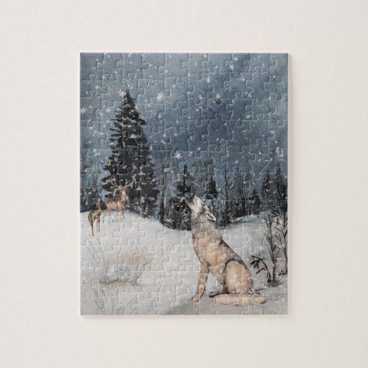 Winterlandschaft Wasserfarbenwolf Hirsch Puzzle (Vertikal)