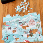 Winterlandschaft Weihnachtsdörfchen Puzzle<br><div class="desc">Winterlandschaft Weihnachtsdörfliche Illustration mit niedlichen Winterbildern mit Schneemann,  Lebkuchenhaus,  Fuchs,  Kaninchen,  anderen Tieren und Leuten Eis Skaten,  in der Nähe eines Feuers,  Spaß mit Weihnachtsbaum,  Geschenke und Wald,  mit blauen pastellfarbenen Winterwunderland Töne. Eine skurrile,  kleine Weihnachtsdörfer-Landschaft.</div>