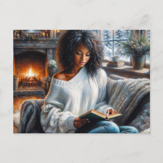 Winterlesende Schwarze Frau Cozy Art Postkarte