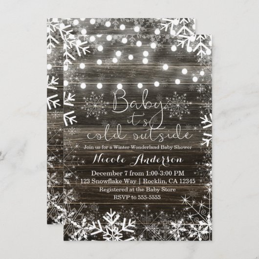 Winterleuchten & Schneeflocken Rustikale Babydusch Einladung (Vorne/Hinten)