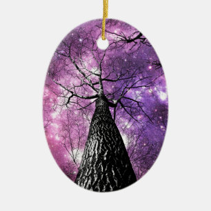 Winterliche Bäume Lila Rosa Galaxie Himmel Keramik Ornament