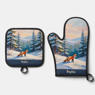 Winterliche Berglandschaft mit Schnee Szene Wald B Ofenhandschuh & Topflappen-Set