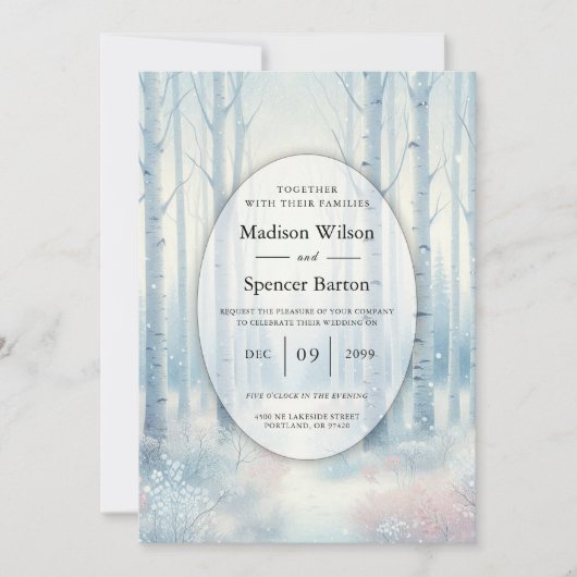 Winterliche Blaue Birkenwald-Hochzeit Einladung (Vorderseite)