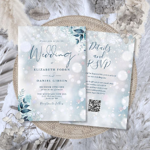 Winterliche Blumen-Schneeflocken QR-Code Hochzeit Einladung