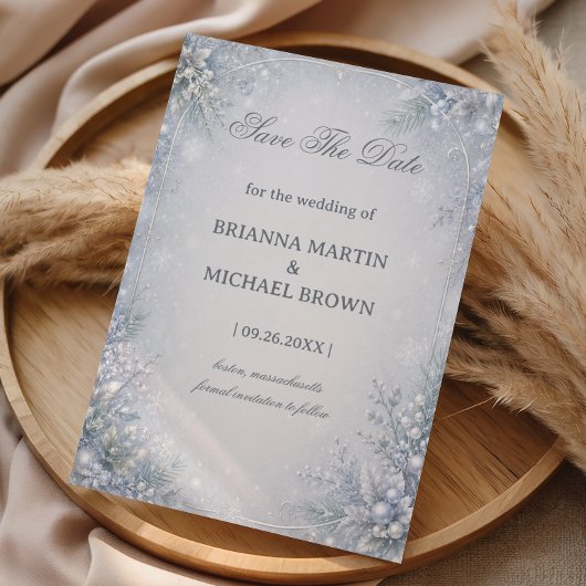 Winterliche Botanische Feier-Style mit Frost Save The Date