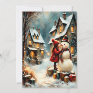 Winterliche Dorfszene mit Mädchen und Schneemann Einladung