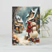 Winterliche Dorfszene mit Mädchen und Schneemann Einladung (Stehend Vorderseite)