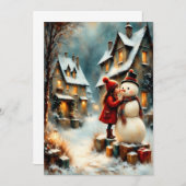 Winterliche Dorfszene mit Mädchen und Schneemann Einladung (Vorne/Hinten)