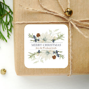 Winterliche Floral-Aquarell-Staubblau-Weiß Quadratischer Aufkleber