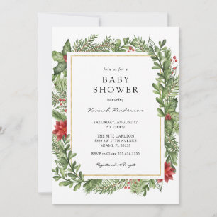 Winterliche Grünpflanzen Goldrahmen Babyparty Einladung