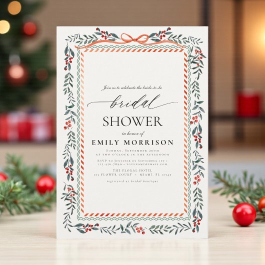 Winterliche Hochzeitsdusche mit roter Schleife und Einladung