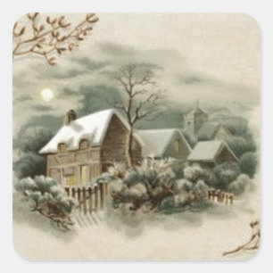 Winterliche Hüttenszene im Vintage-Stil der 1900er Quadratischer Aufkleber