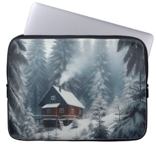 Winterliche Kabinenszene mit Schnee und Kiefern Laptopschutzhülle