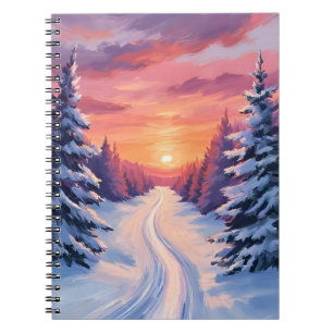 Winterliche Kiefernlandschaft Sonnenuntergang   Pa Notizblock