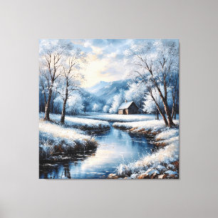 Winterliche Landschaft mit Hütte und Bach Leinwanddruck
