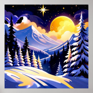 Winterliche Nachtlandschaft mit schneebedeckten Be Poster