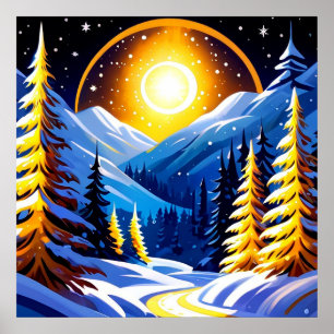 Winterliche Nachtlandschaft mit schneebedeckten Be Poster