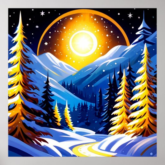 Winterliche Nachtlandschaft mit schneebedeckten Be Poster (Vorne)