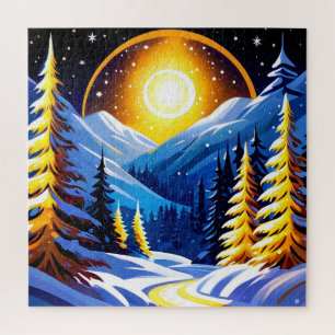 Winterliche Nachtlandschaft mit schneebedeckten Be Puzzle