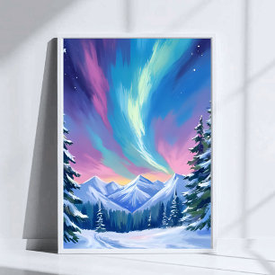 Winterliche Nordlicht-Aquarell-Berglandschaft Poster