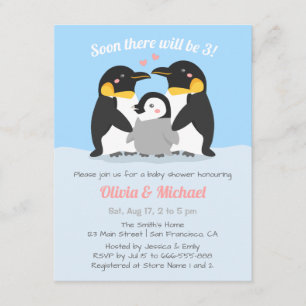 Winterliche Pinguinfamilie zu Dritt - Babyparty Einladung