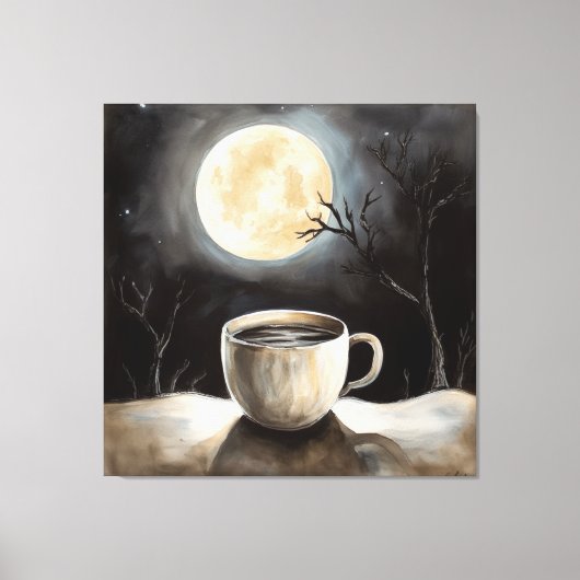 Winterliche Ruhe mit Kaffee und Mond. Leinwanddruck (Vorderseite)