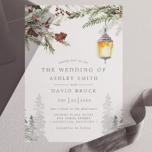 Winterliche Rustikale Kiefern Botanische Laternen  Pergament Einladungen