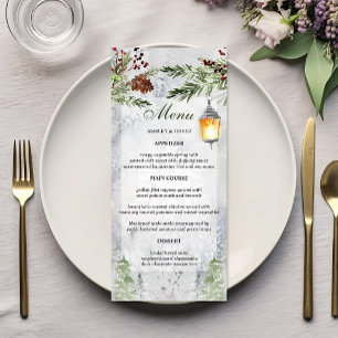 Winterliche rustikale Kiefern-Laternen-Hochzeit Menükarte