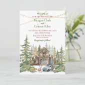 Winterliche rustikale Scheune im Wald Hochzeitsein Einladung (Stehend Vorderseite)
