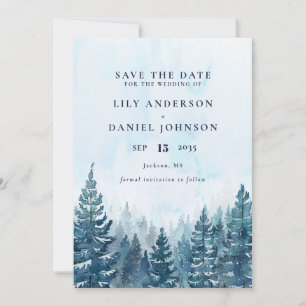 Winterliche rustikale Wasserfarben-Kiefernhochzeit Save The Date