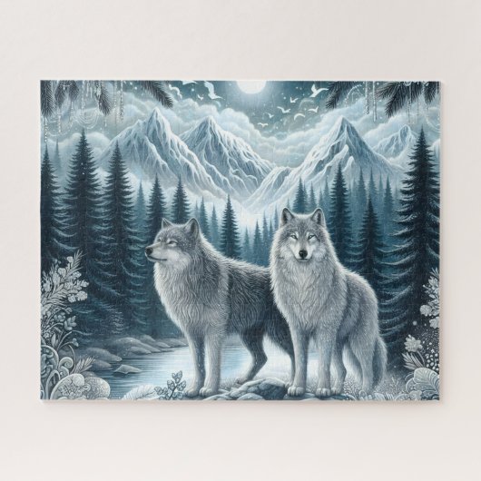Winterliche Schneebebirgswölfe Puzzle (Horizontal)