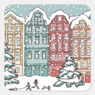 Winterliche Stadtszene Quadratischer Aufkleber