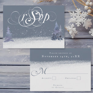 Winterliche staubblaue und weiße Waldhochzeit RSVP Karte