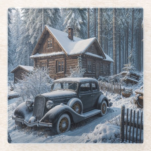 Winterliche Szene einer verschneiten Hütte im Wald Glasuntersetzer (Vorderseite)