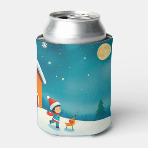 Winterliche Szene mit Kind, Rentier und Weihnachts Dosenkühler