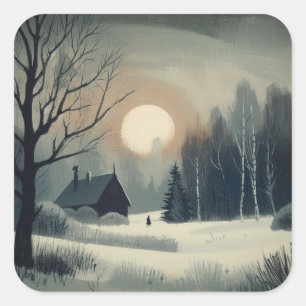 Winterliche Szene mit Schnee im Vintage- oder Retr Quadratischer Aufkleber