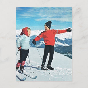 Winterliche Vintage-Sportarten, Kinder auf den Ski Postkarte
