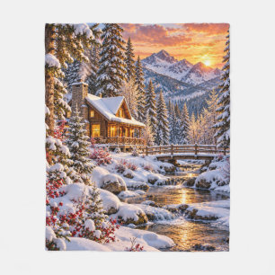 Winterliche Waldhütte Fleecedecke